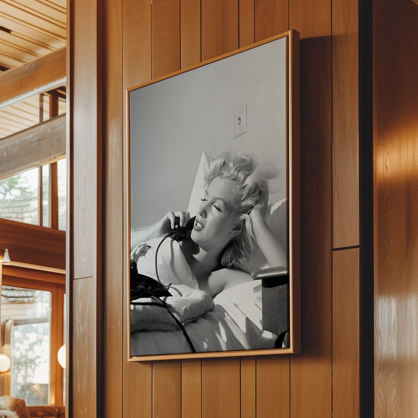 Marilyn Monroe on Telephone in Bed Canvas Print, Vintage Hollywood Icon Wall Art Poster, Classic Celebrity Glam for Timeless Home Decor