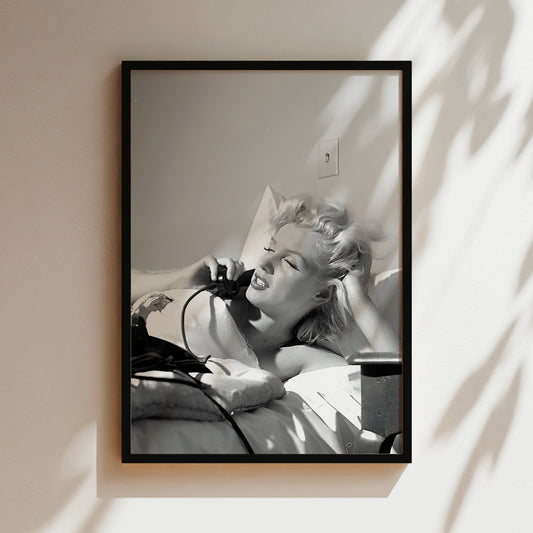 Marilyn Monroe on Telephone in Bed Canvas Print, Vintage Hollywood Icon Wall Art Poster, Classic Celebrity Glam for Timeless Home Decor