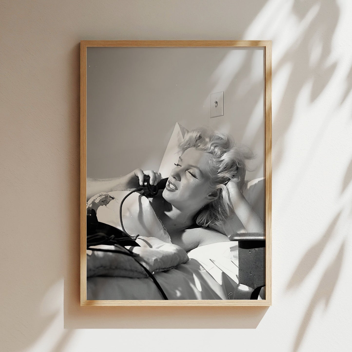 Marilyn Monroe on Telephone in Bed Canvas Print, Vintage Hollywood Icon Wall Art Poster, Classic Celebrity Glam for Timeless Home Decor