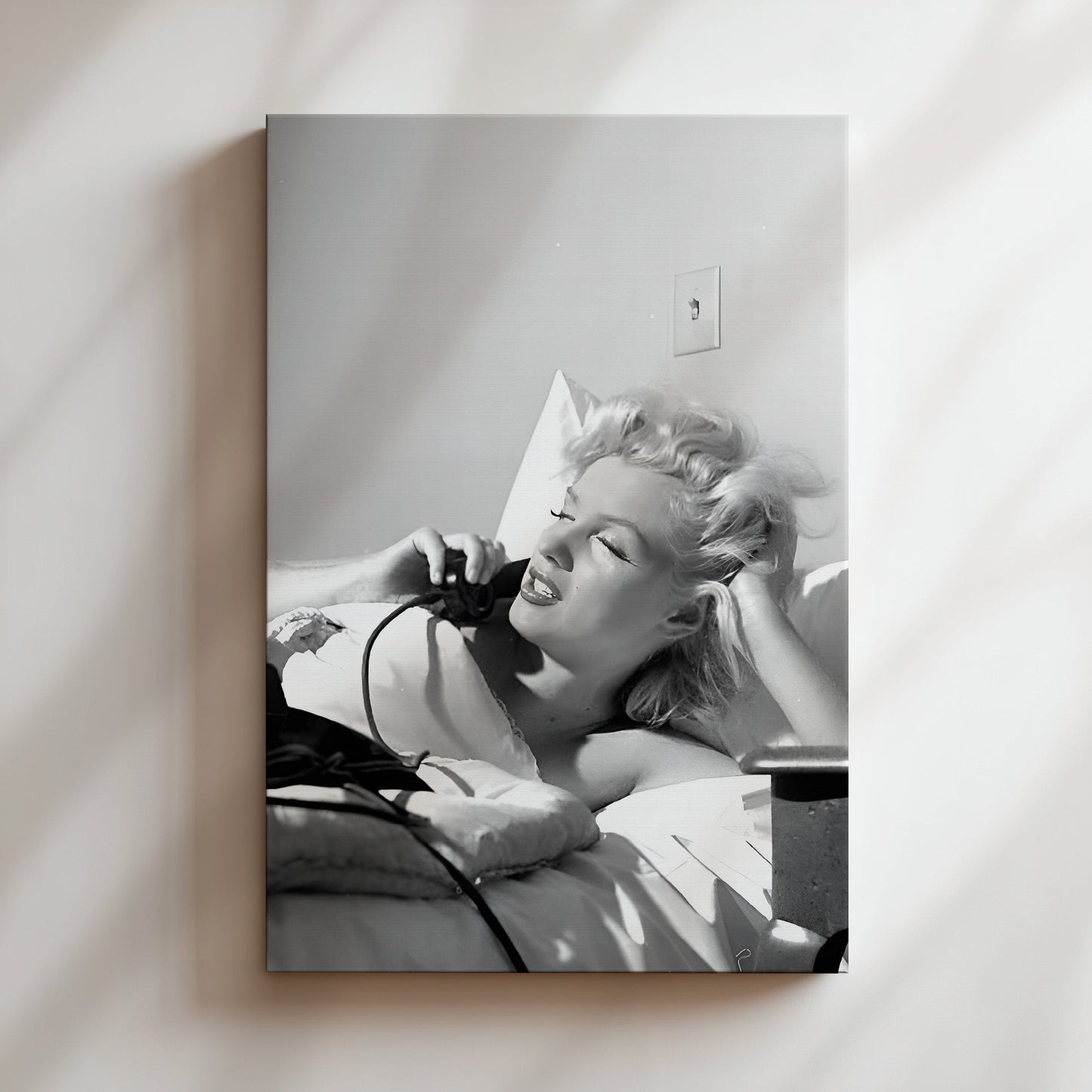 Marilyn Monroe on Telephone in Bed Canvas Print, Vintage Hollywood Icon Wall Art Poster, Classic Celebrity Glam for Timeless Home Decor