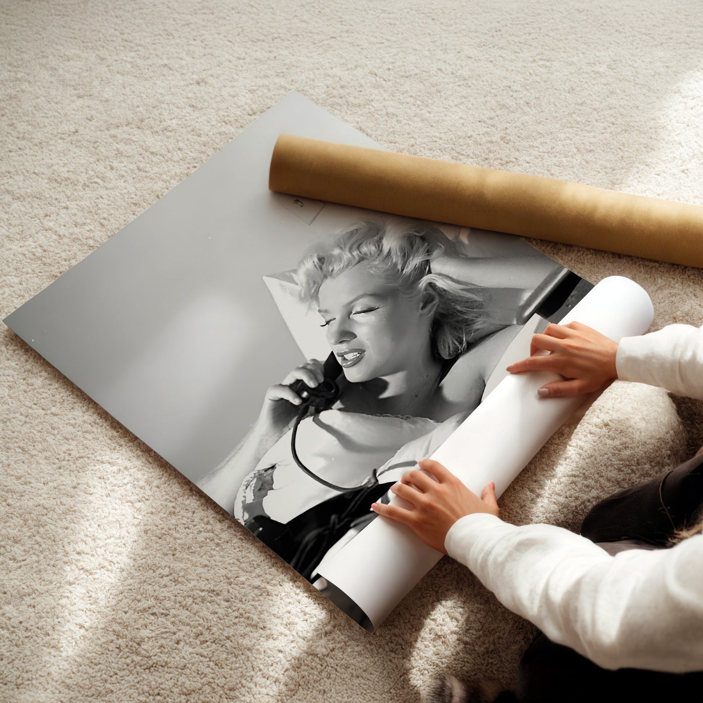 Marilyn Monroe on Telephone in Bed Canvas Print, Vintage Hollywood Icon Wall Art Poster, Classic Celebrity Glam for Timeless Home Decor