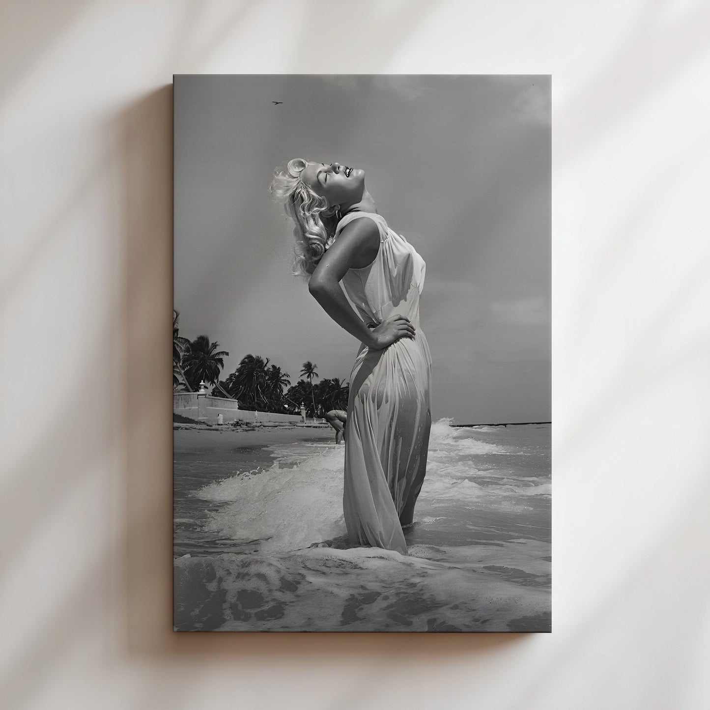 Marilyn Monroe at the Beach Canvas Print, Vintage Hollywood Glamour Wall Art Poster, Classic Celebrity Beach Scene for Timeless Home Decor