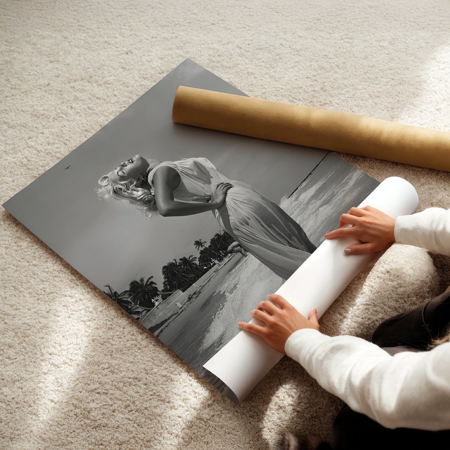 Marilyn Monroe at the Beach Canvas Print, Vintage Hollywood Glamour Wall Art Poster, Classic Celebrity Beach Scene for Timeless Home Decor