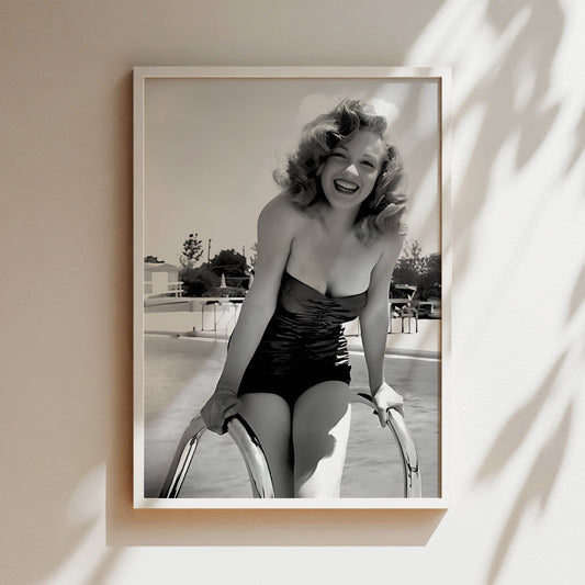 Marilyn Monroe in Pool Canvas Print, Vintage Hollywood Icon Wall Art Poster, Classic Starlet Glam for Timeless Home or Bathroom Decor