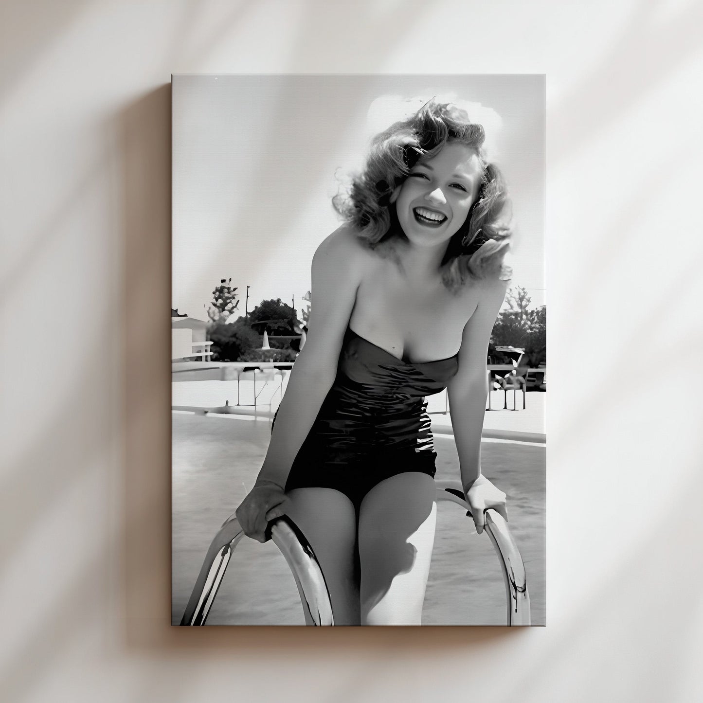 Marilyn Monroe in Pool Canvas Print, Vintage Hollywood Icon Wall Art Poster, Classic Starlet Glam for Timeless Home or Bathroom Decor