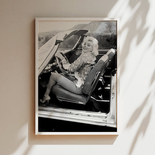 Marilyn Monroe in Car Canvas Print, Vintage Hollywood Icon Wall Art Poster, Classic Celebrity Glam for Timeless Home Decor