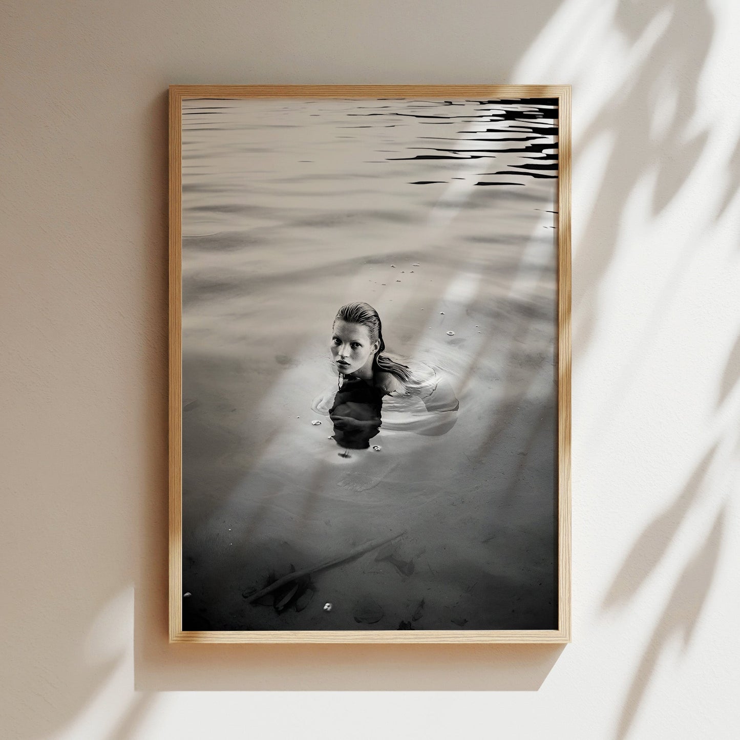 Kate Moss Emerging from Water – Moody Black and White Photography Wall Art, Supermodel Poster Print, Fashion Minimalist Home Decor