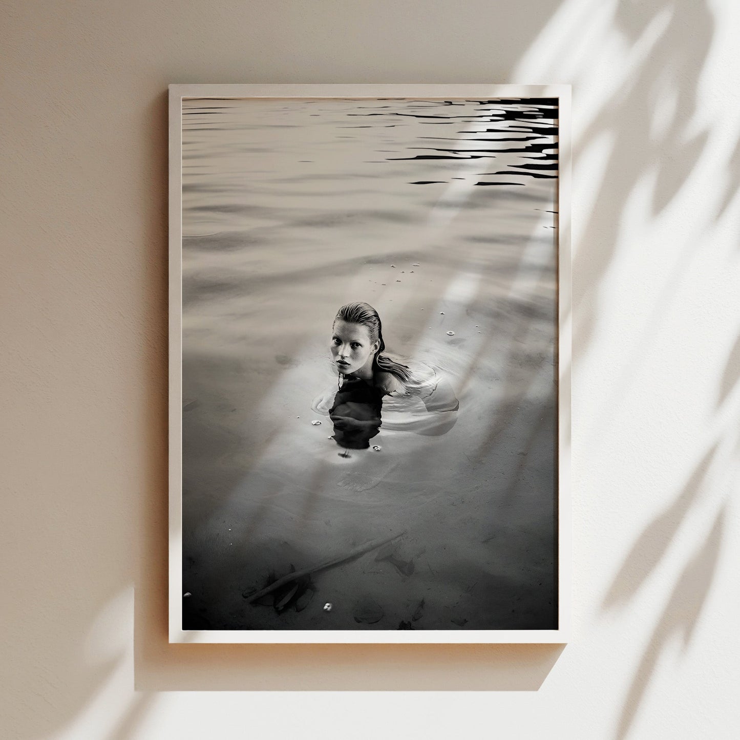 Kate Moss Emerging from Water – Moody Black and White Photography Wall Art, Supermodel Poster Print, Fashion Minimalist Home Decor