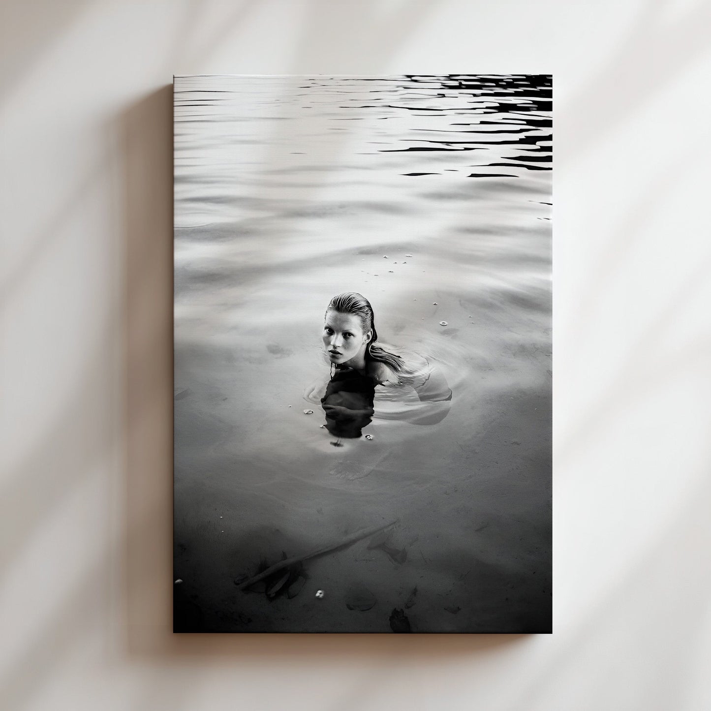 Kate Moss Emerging from Water – Moody Black and White Photography Wall Art, Supermodel Poster Print, Fashion Minimalist Home Decor