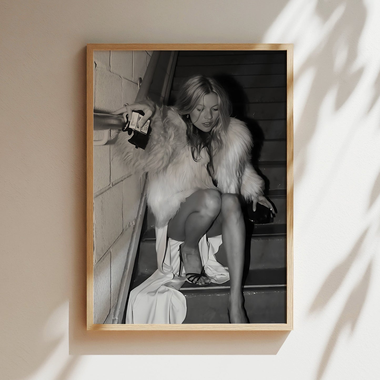 Kate Moss on Stairs Canvas Print, Vintage Supermodel Wall Art Poster, Retro 90s Fashion Icon for Stylish Home Decor