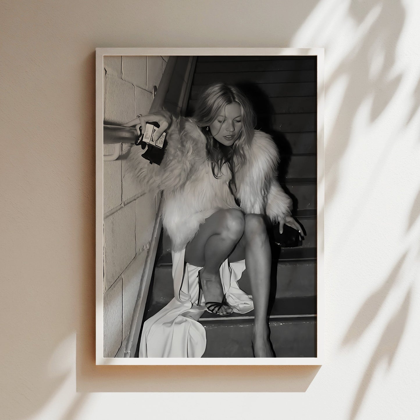 Kate Moss on Stairs Canvas Print, Vintage Supermodel Wall Art Poster, Retro 90s Fashion Icon for Stylish Home Decor