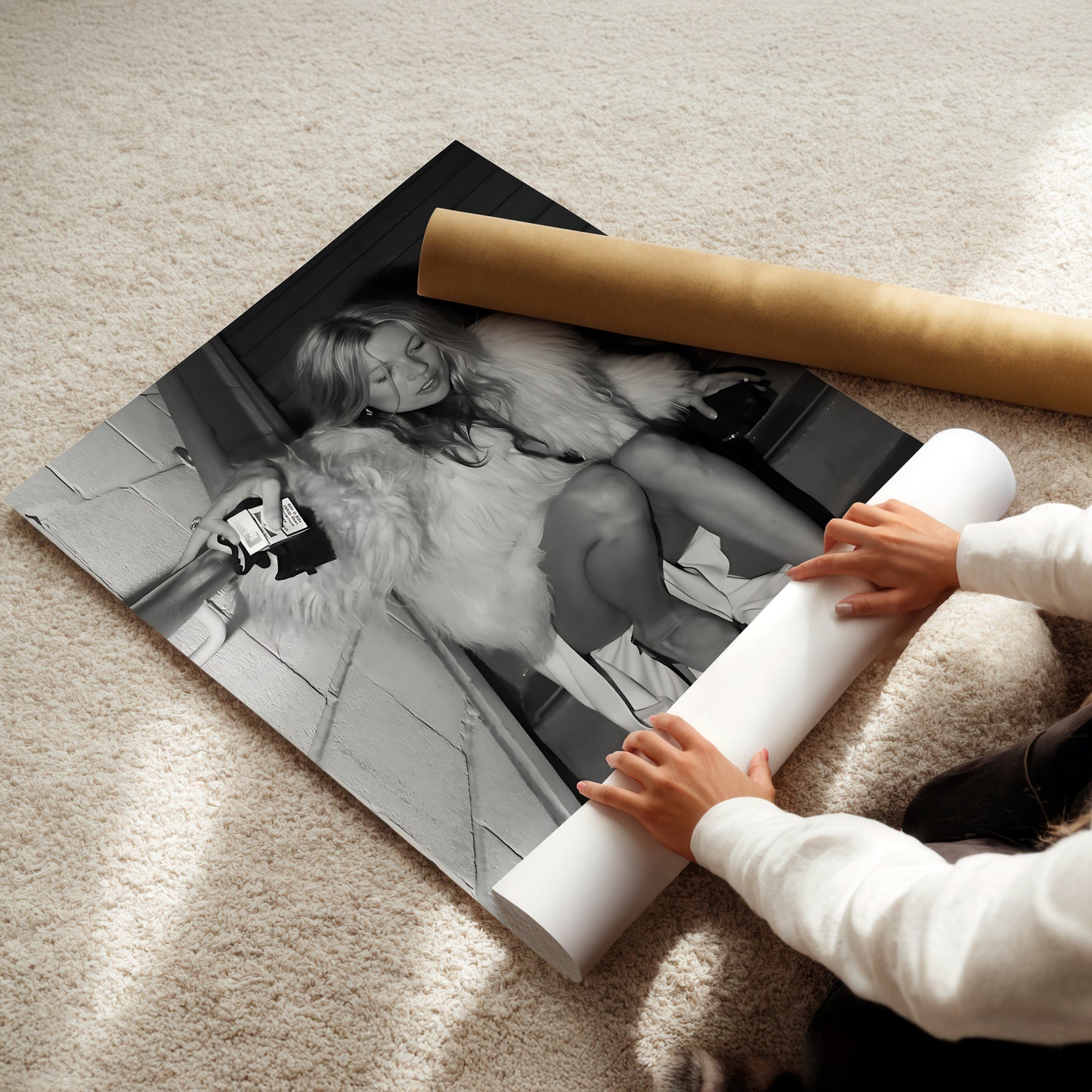 Kate Moss on Stairs Canvas Print, Vintage Supermodel Wall Art Poster, Retro 90s Fashion Icon for Stylish Home Decor