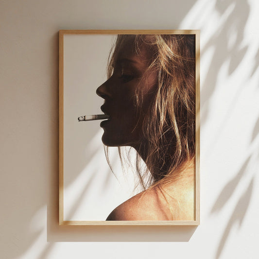 Kate Moss Smoking Cigarette, Side Profile Canvas Print, Vintage Supermodel Wall Art, Retro 90s Fashion Icon Poster for Stylish Decor