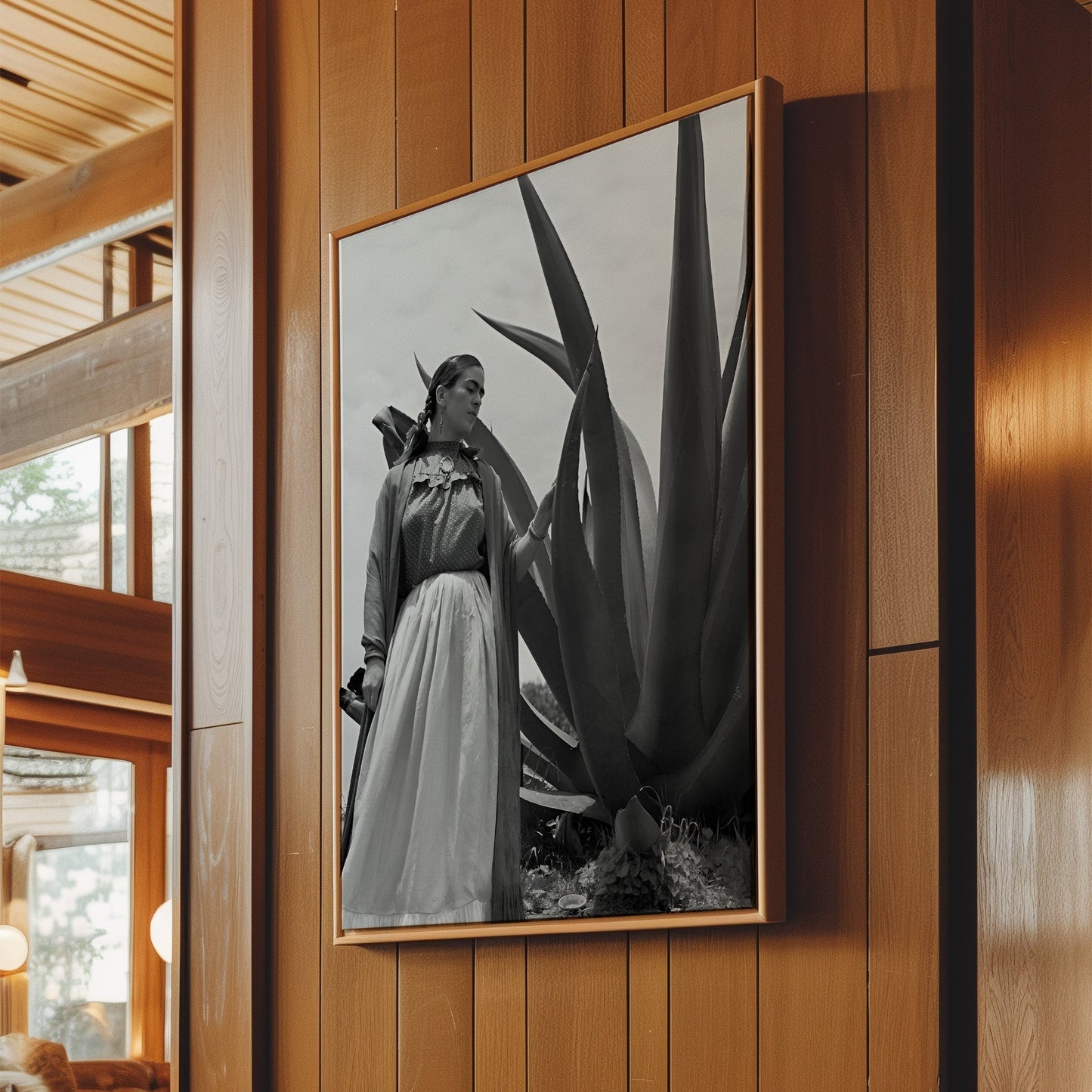 Frida Kahlo with Cactus - Iconic Black & White Mexican Portrait , Vintage Feminist Decor for Bold Interiors or Artistic Spaces