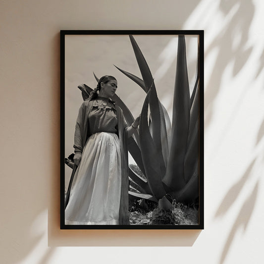 Frida Kahlo with Cactus - Iconic Black & White Mexican Portrait , Vintage Feminist Decor for Bold Interiors or Artistic Spaces