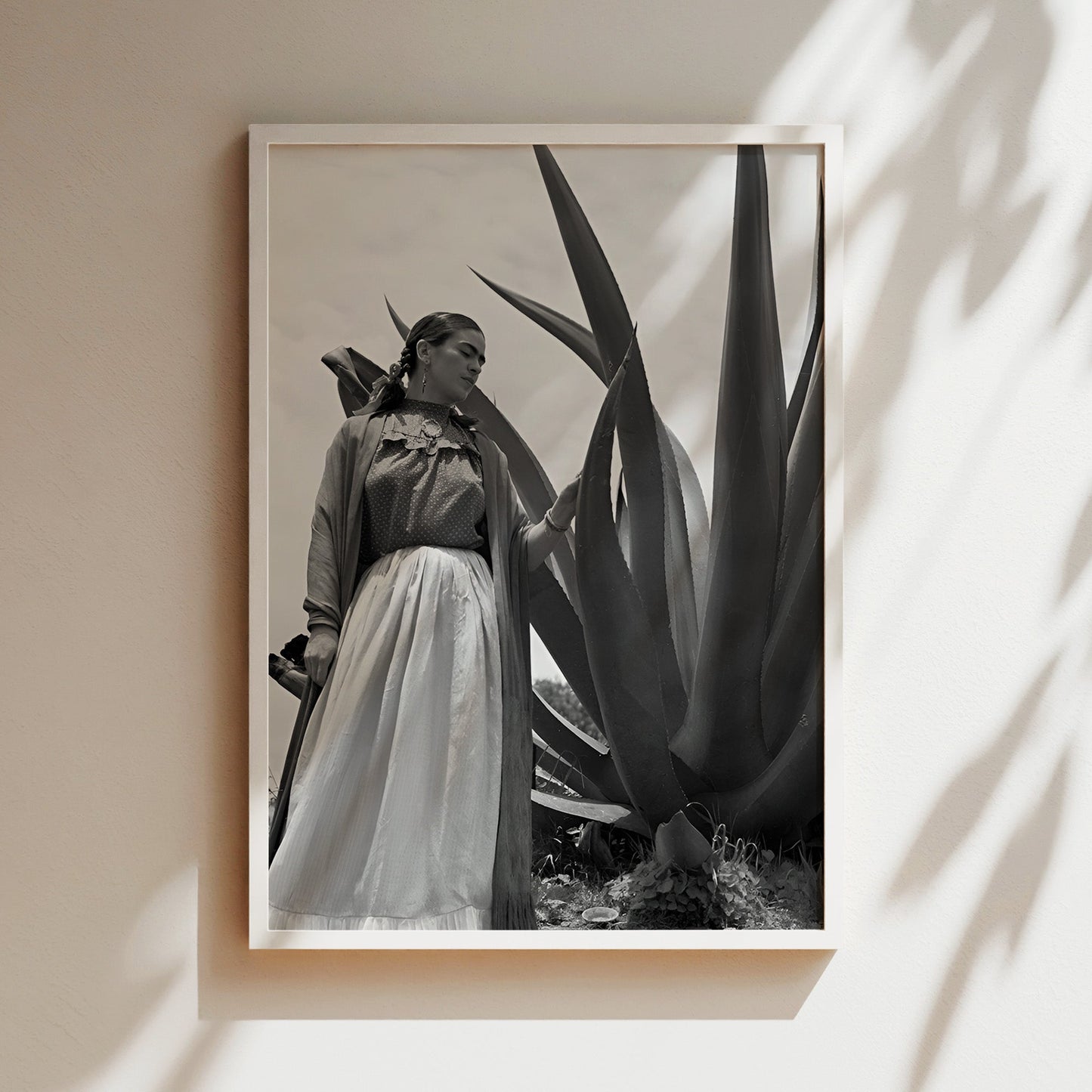 Frida Kahlo with Cactus - Iconic Black & White Mexican Portrait , Vintage Feminist Decor for Bold Interiors or Artistic Spaces