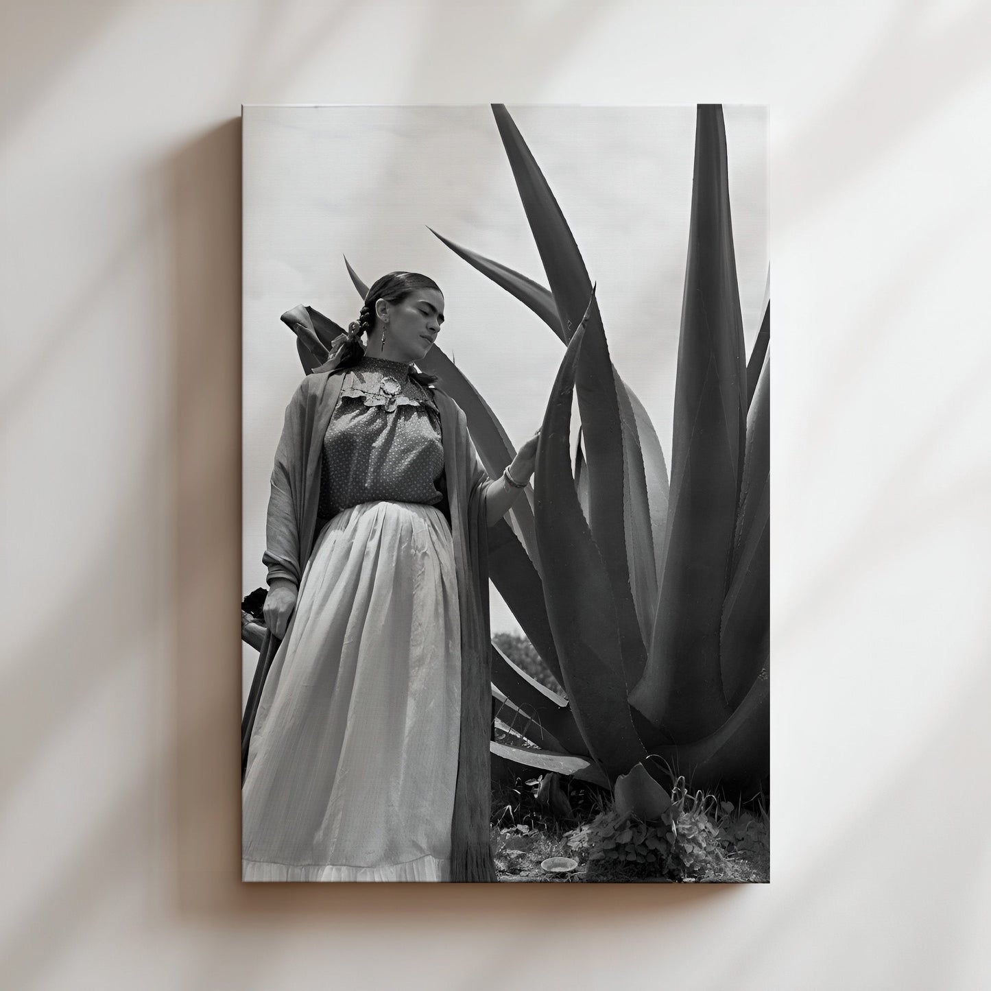 Frida Kahlo with Cactus - Iconic Black & White Mexican Portrait , Vintage Feminist Decor for Bold Interiors or Artistic Spaces