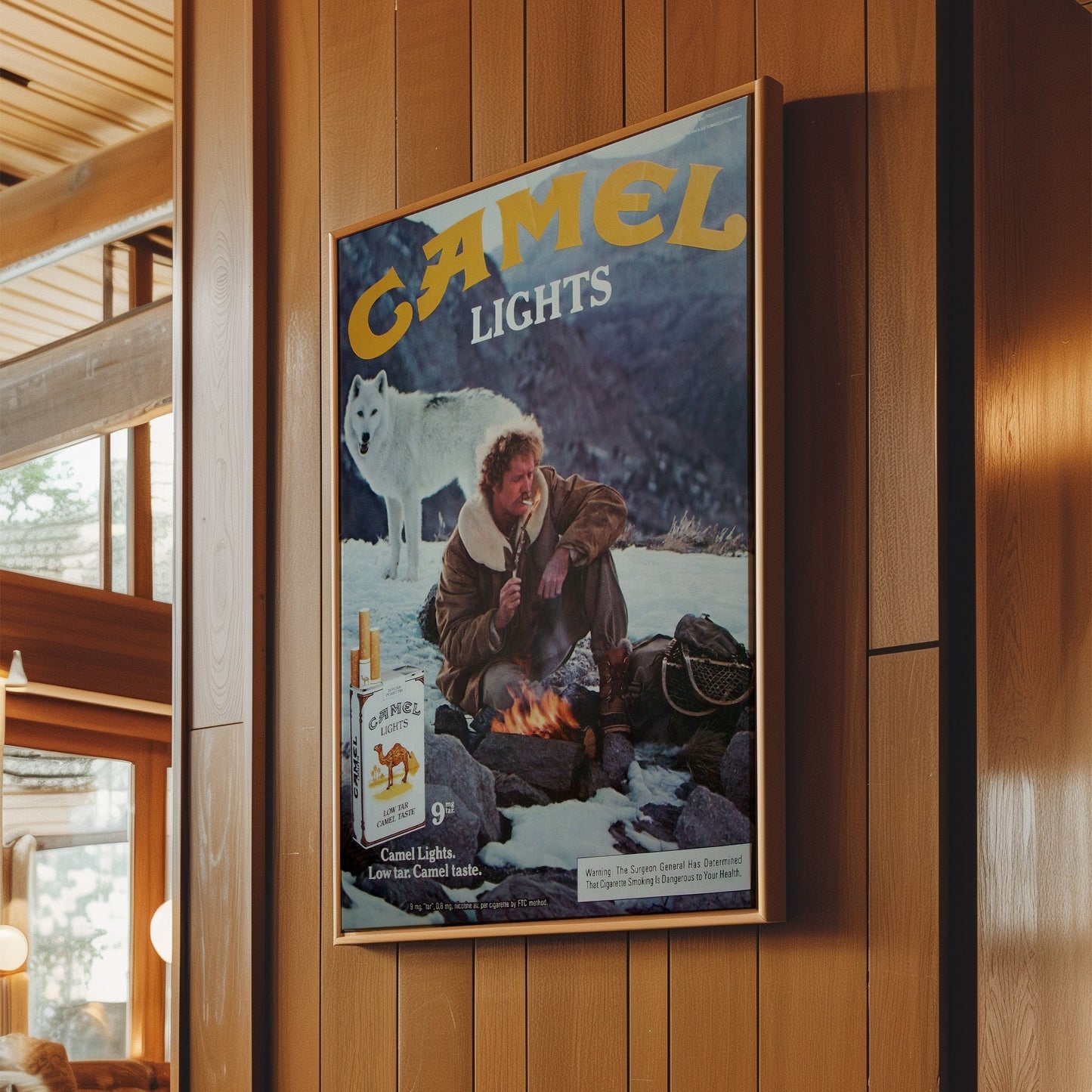 Camel Lights Snow Wolf 70's Ad Wall Art - Vintage Tobacco Poster, Retro Advertising Print, Wilderness Decor, Rustic Cabin Canvas
