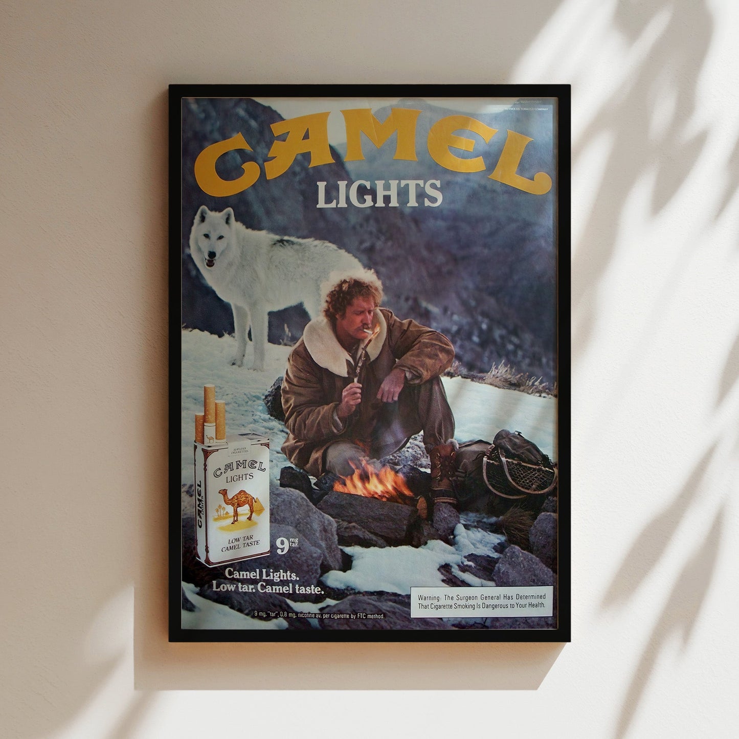 Camel Lights Snow Wolf 70's Ad Wall Art - Vintage Tobacco Poster, Retro Advertising Print, Wilderness Decor, Rustic Cabin Canvas