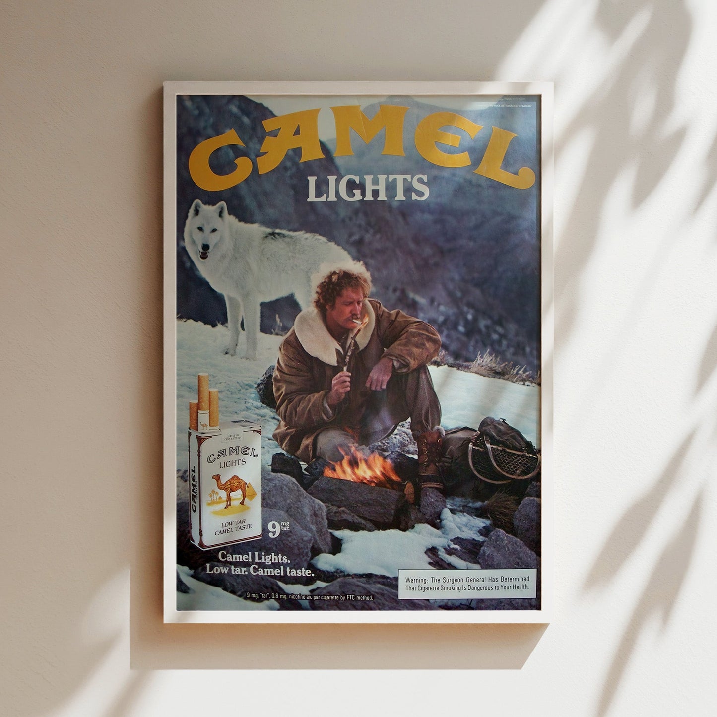 Camel Lights Snow Wolf 70's Ad Wall Art - Vintage Tobacco Poster, Retro Advertising Print, Wilderness Decor, Rustic Cabin Canvas