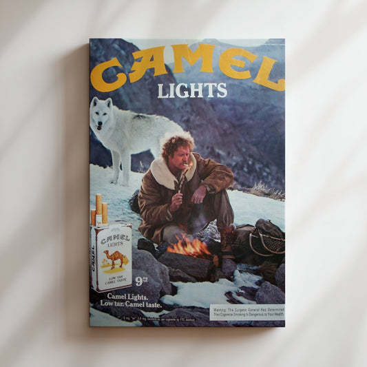 Camel Lights Snow Wolf 70's Ad Wall Art - Vintage Tobacco Poster, Retro Advertising Print, Wilderness Decor, Rustic Cabin Canvas