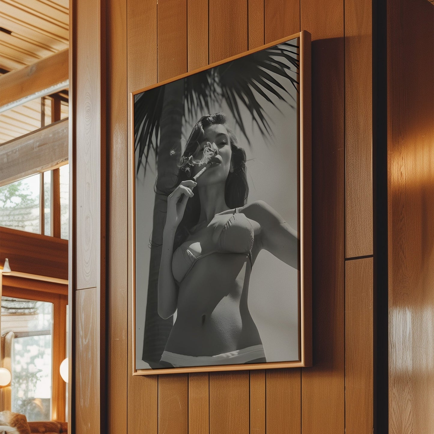 Model Smoking Cuban Cigar Wall Art - Bold Black & White Glamour Print, Vintage Pin-Up Style Poster for Stylish Bedrooms or Retro Interiors