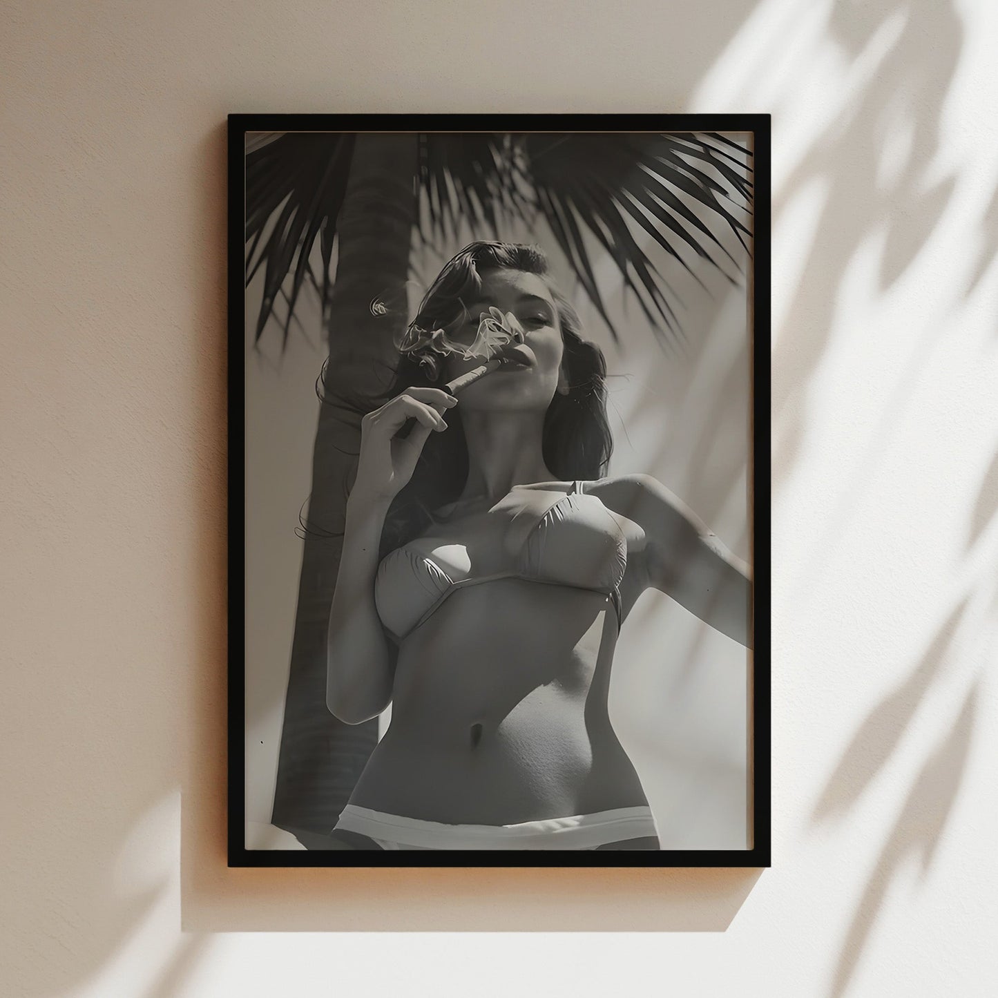 Model Smoking Cuban Cigar Wall Art - Bold Black & White Glamour Print, Vintage Pin-Up Style Poster for Stylish Bedrooms or Retro Interiors
