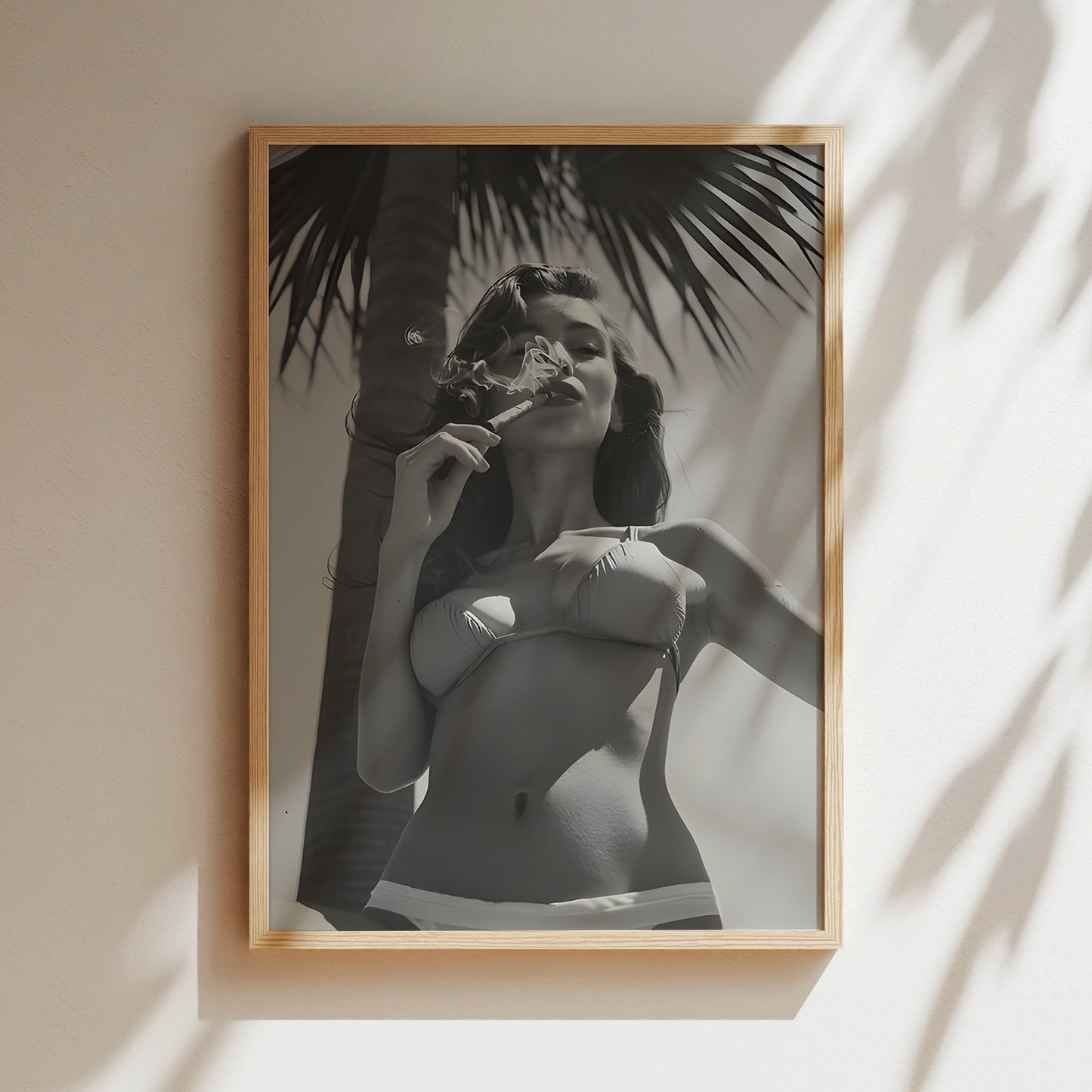 Model Smoking Cuban Cigar Wall Art - Bold Black & White Glamour Print, Vintage Pin-Up Style Poster for Stylish Bedrooms or Retro Interiors