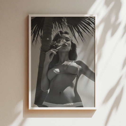 Model Smoking Cuban Cigar Wall Art - Bold Black & White Glamour Print, Vintage Pin-Up Style Poster for Stylish Bedrooms or Retro Interiors