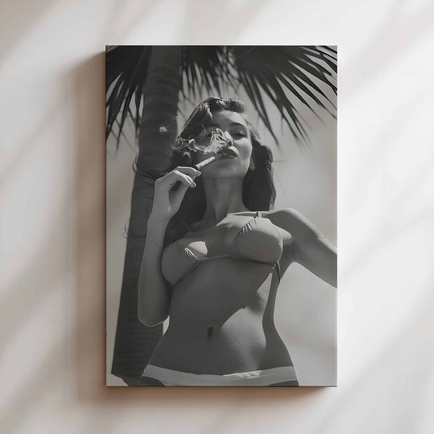 Model Smoking Cuban Cigar Wall Art - Bold Black & White Glamour Print, Vintage Pin-Up Style Poster for Stylish Bedrooms or Retro Interiors
