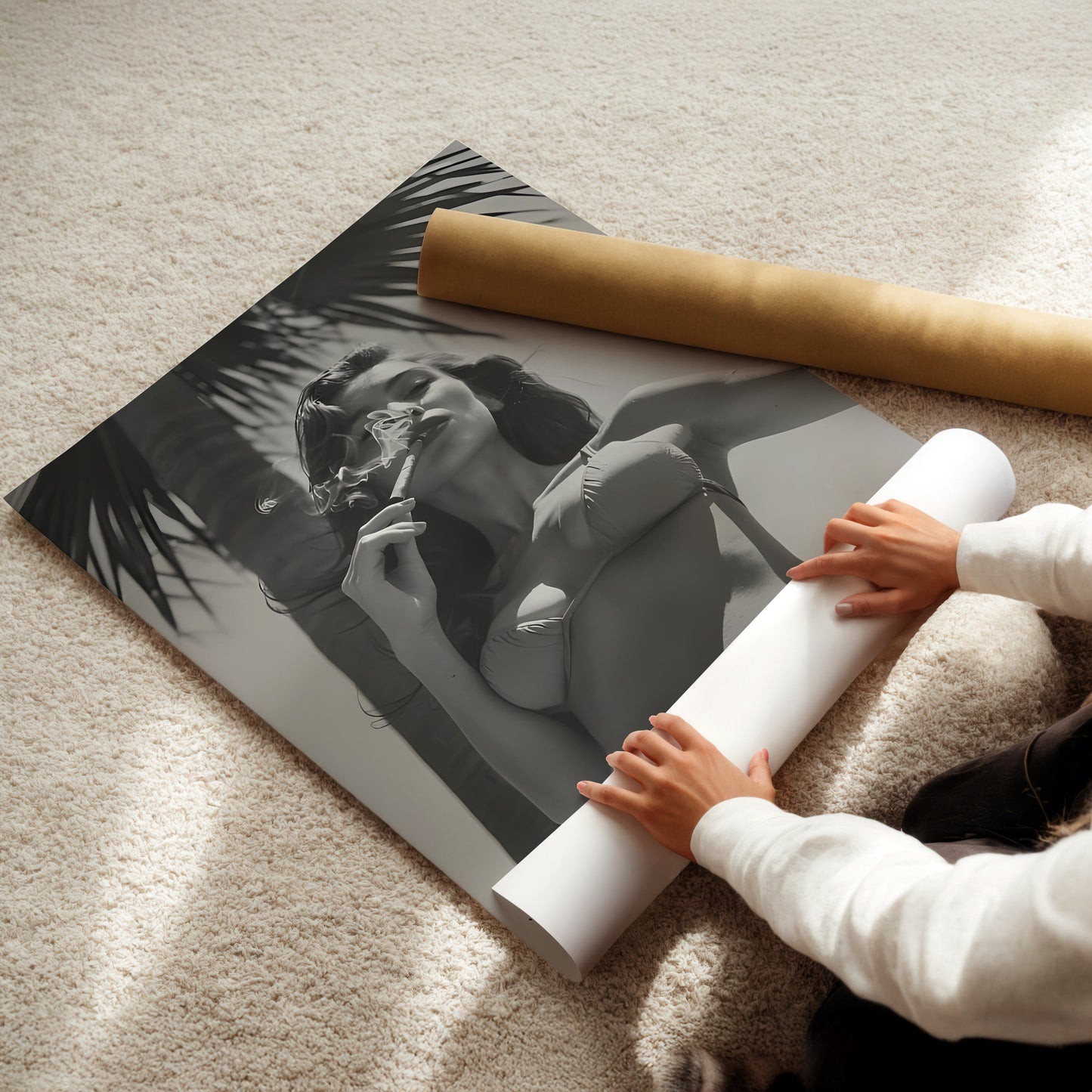 Model Smoking Cuban Cigar Wall Art - Bold Black & White Glamour Print, Vintage Pin-Up Style Poster for Stylish Bedrooms or Retro Interiors