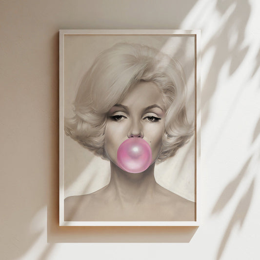 Marilyn Monroe Blowing Bubble Wall Art - Iconic Pop Culture Color Portrait Print, Fun Retro Poster for Glam Bedrooms or Bold Gallery Walls