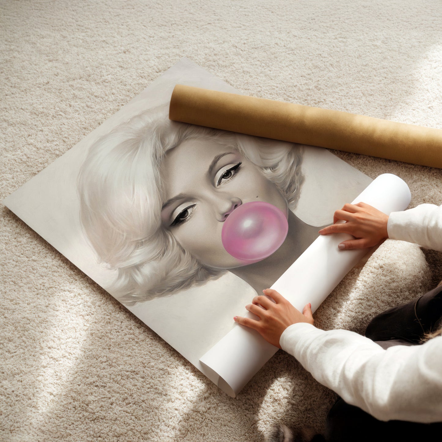 Marilyn Monroe Blowing Bubble Wall Art - Iconic Pop Culture Color Portrait Print, Fun Retro Poster for Glam Bedrooms or Bold Gallery Walls