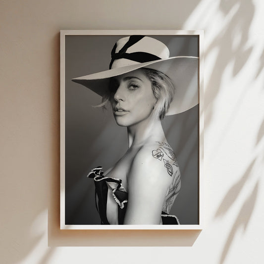 Lady Gaga Portrait Wall Art - Black and White Music Poster, Pop Icon Illustration, Monochrome Canvas Print, Stylish Decor, Celebrity Artwork