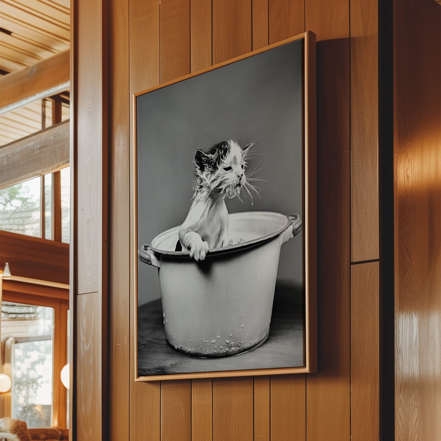 Washing Kitten in a Bucket Wall Art - Funny Black & White Animal Photo, Cute Vintage Cat Poster for Bathrooms, Laundries or Quirky decor