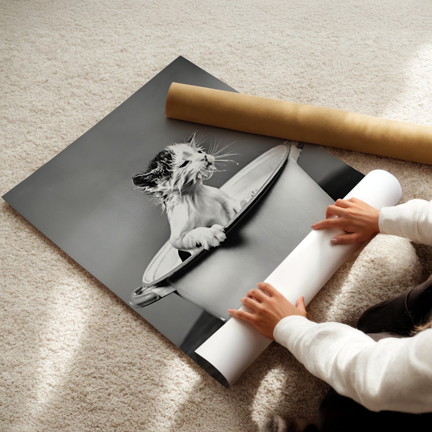 Washing Kitten in a Bucket Wall Art - Funny Black & White Animal Photo, Cute Vintage Cat Poster for Bathrooms, Laundries or Quirky decor
