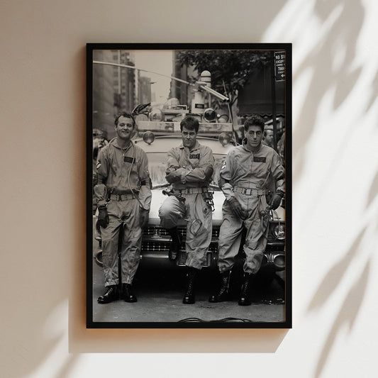 Ghostbusters Cast Poster  -œ Classic 80s Movie Wall Art in Black & White, Bill Murray & Ecto-1 Print for Fans of Retro Cinema & Pop Culture