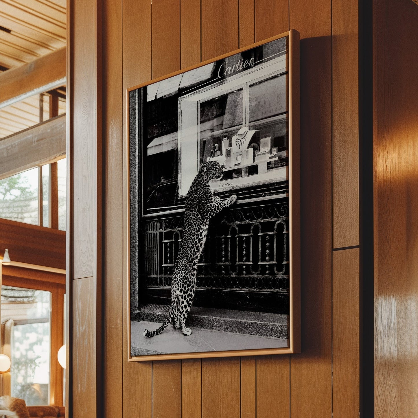 Leopard at Jewelry Store Wall Art - Chic Animal Print Poster, Fashionable Wildlife Decor for Glamorous Bedroom or Boutique Space