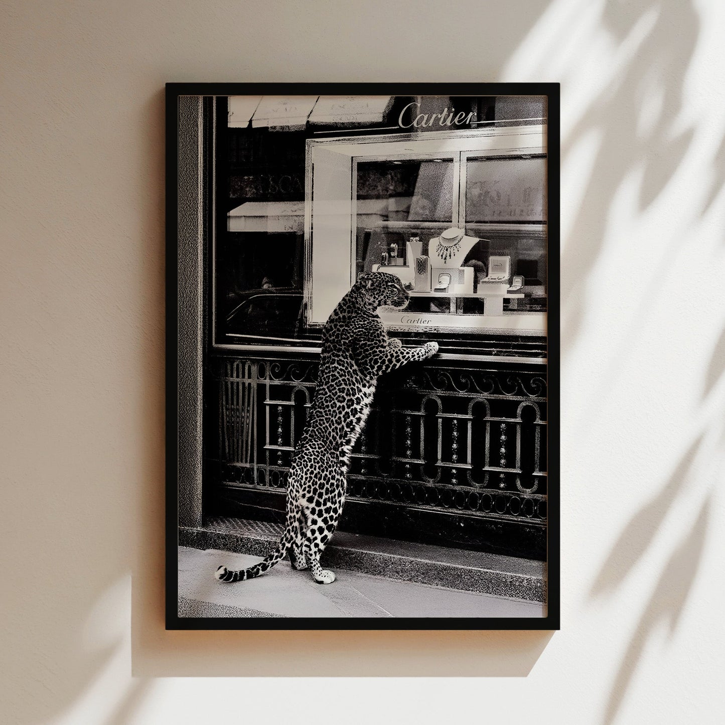 Leopard at Jewelry Store Wall Art - Chic Animal Print Poster, Fashionable Wildlife Decor for Glamorous Bedroom or Boutique Space