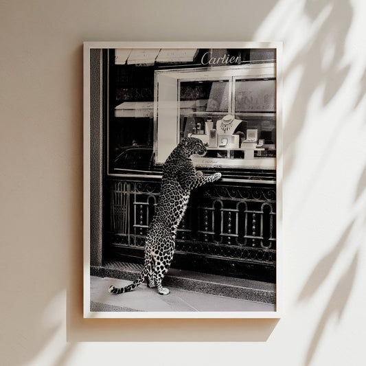 Leopard at Jewelry Store Wall Art - Chic Animal Print Poster, Fashionable Wildlife Decor for Glamorous Bedroom or Boutique Space