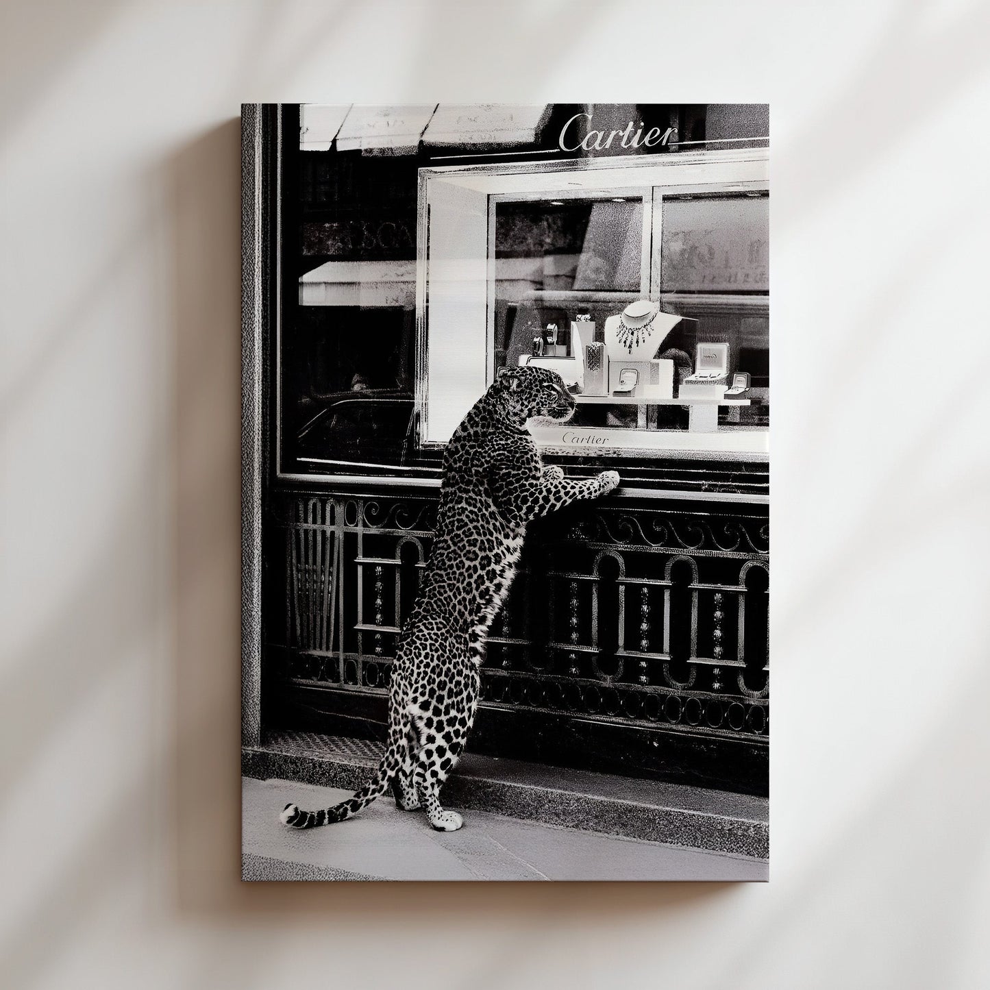 Leopard at Jewelry Store Wall Art - Chic Animal Print Poster, Fashionable Wildlife Decor for Glamorous Bedroom or Boutique Space