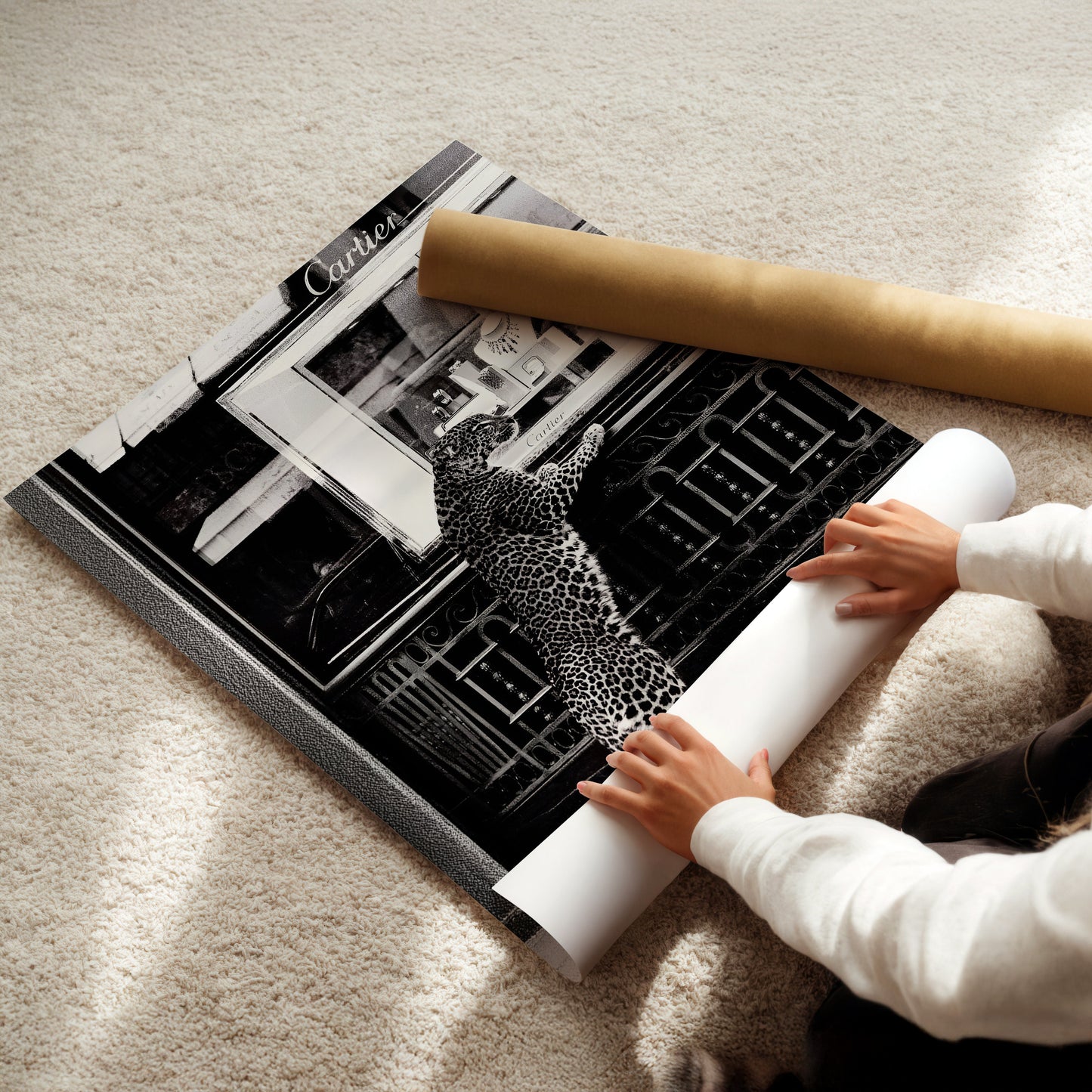 Leopard at Jewelry Store Wall Art - Chic Animal Print Poster, Fashionable Wildlife Decor for Glamorous Bedroom or Boutique Space