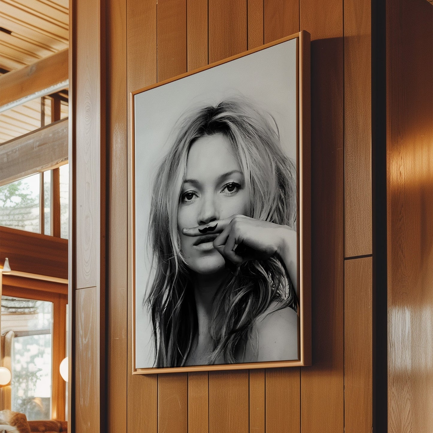 Kate Moss Moustache Wall Art - Playful Fashion Poster, Supermodel Illustration, Chic Canvas Print, Humorous Decor, Iconic Style Artwork