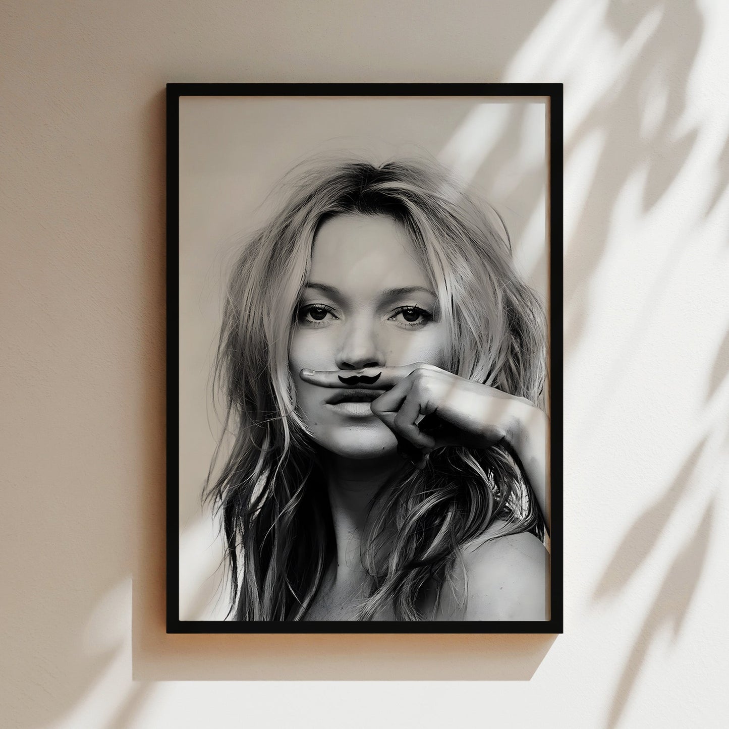 Kate Moss Moustache Wall Art - Playful Fashion Poster, Supermodel Illustration, Chic Canvas Print, Humorous Decor, Iconic Style Artwork