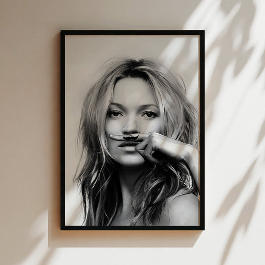 Kate Moss Moustache Wall Art - Playful Fashion Poster, Supermodel Illustration, Chic Canvas Print, Humorous Decor, Iconic Style Artwork