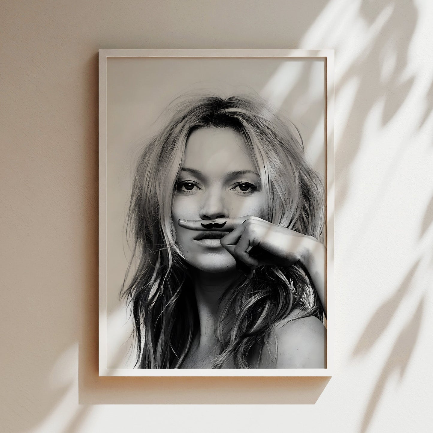 Kate Moss Moustache Wall Art - Playful Fashion Poster, Supermodel Illustration, Chic Canvas Print, Humorous Decor, Iconic Style Artwork