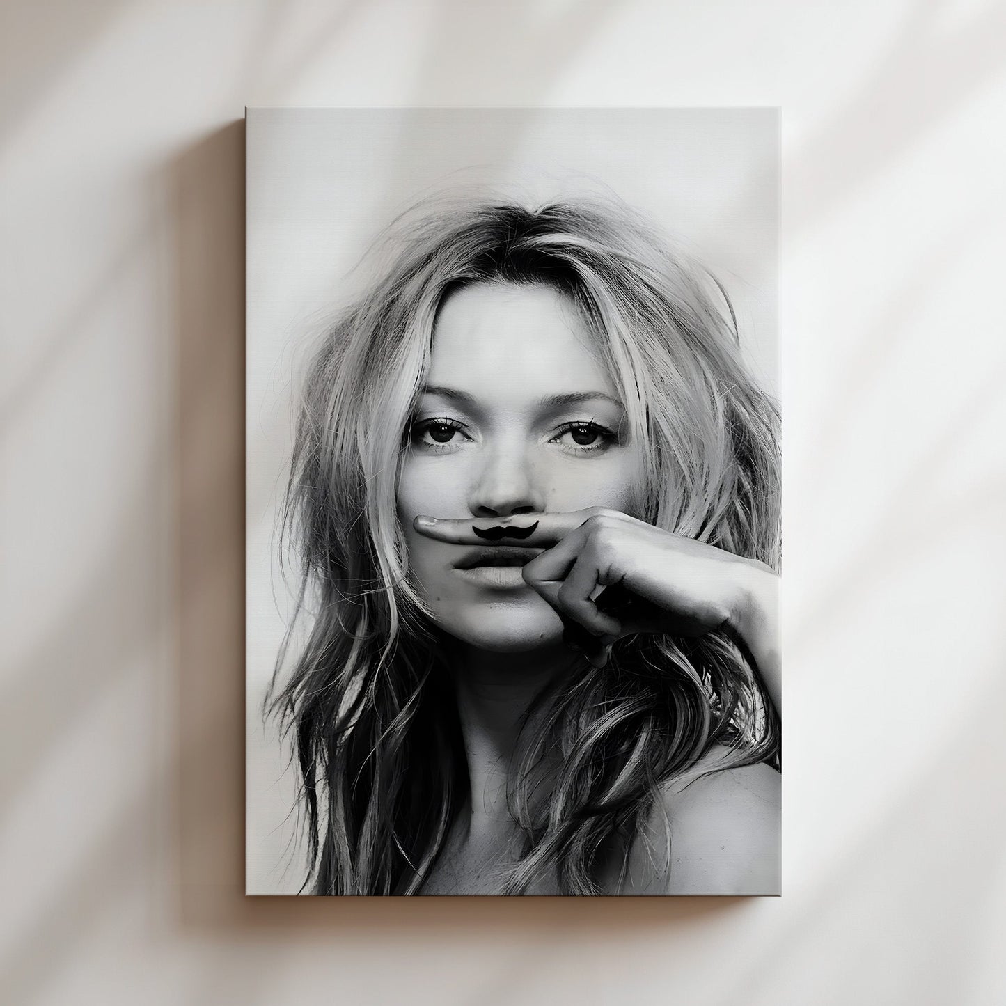 Kate Moss Moustache Wall Art - Playful Fashion Poster, Supermodel Illustration, Chic Canvas Print, Humorous Decor, Iconic Style Artwork