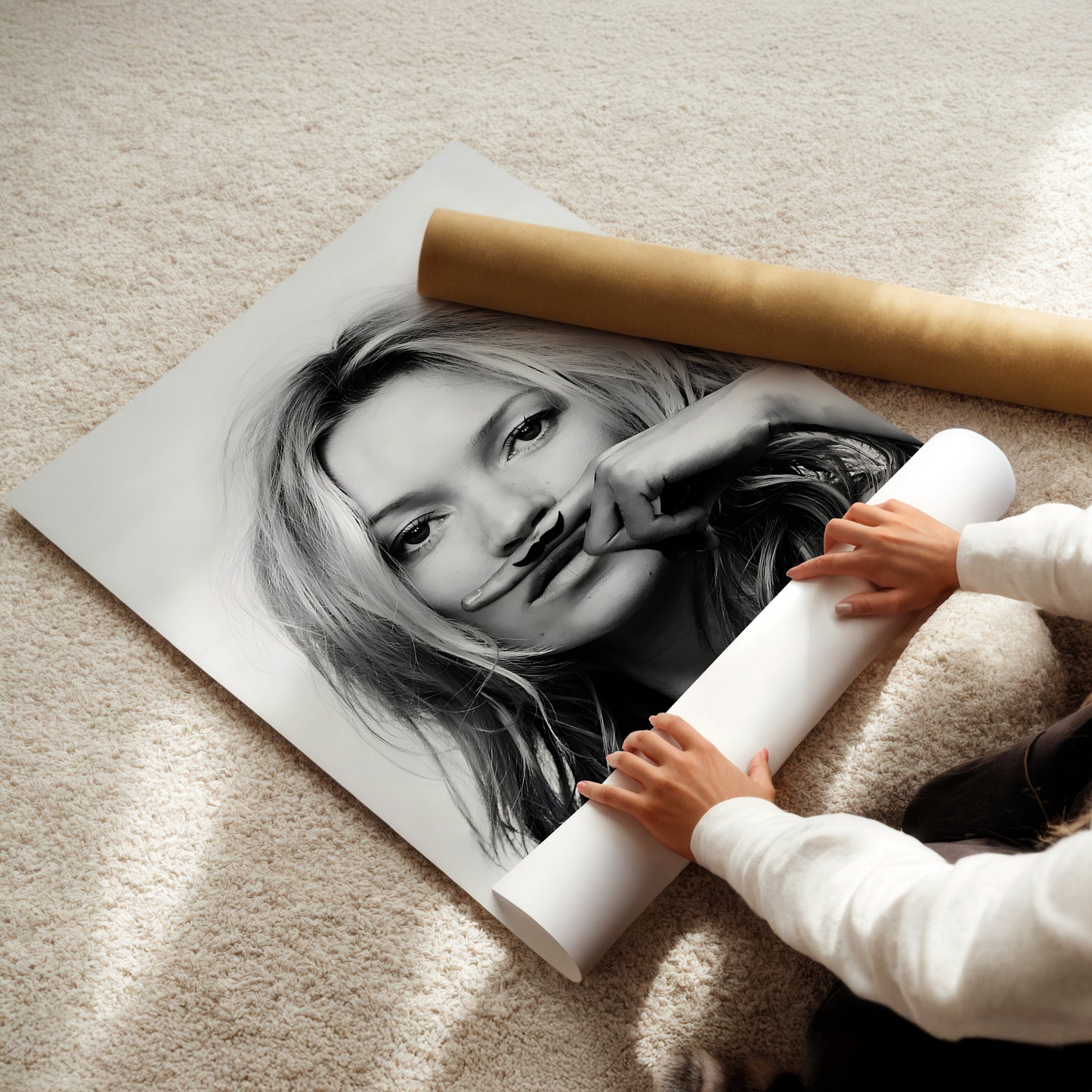 Kate Moss Moustache Wall Art - Playful Fashion Poster, Supermodel Illustration, Chic Canvas Print, Humorous Decor, Iconic Style Artwork
