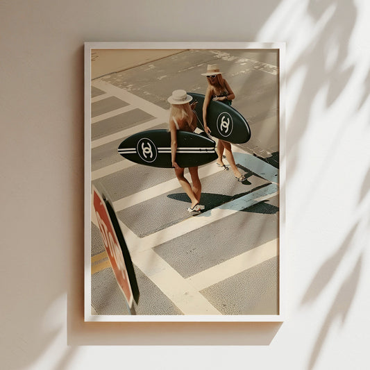 Girls with Surfboards Wall Art - Surf Culture Poster, Beach Lifestyle Canvas, Coastal Illustration, Summer Decor, Ocean Adventure Print