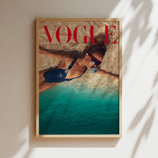 Vogue Beach Cover Poster - Underwater Fashion Photography Print, Summer Glam Editorial Wall Art for Coastal Interiors or Fashion Lovers